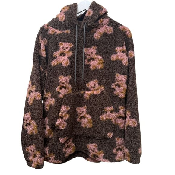 HAZEL BOUTIQUE Fleece Hoodie Small Oversized Pink Bears Brown Teddy Pullover - Picture 1 of 6